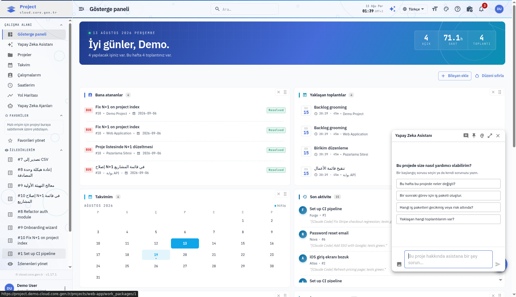 cloud.core.gen.tr Project — dashboard with the AI assistant
